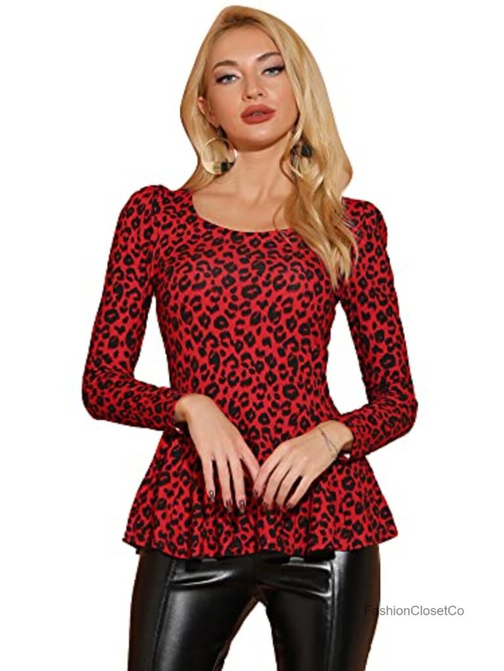 Animal Print Peplum Top Long Sleeve Ruffle Hem Scoop Neck Casual Blouse